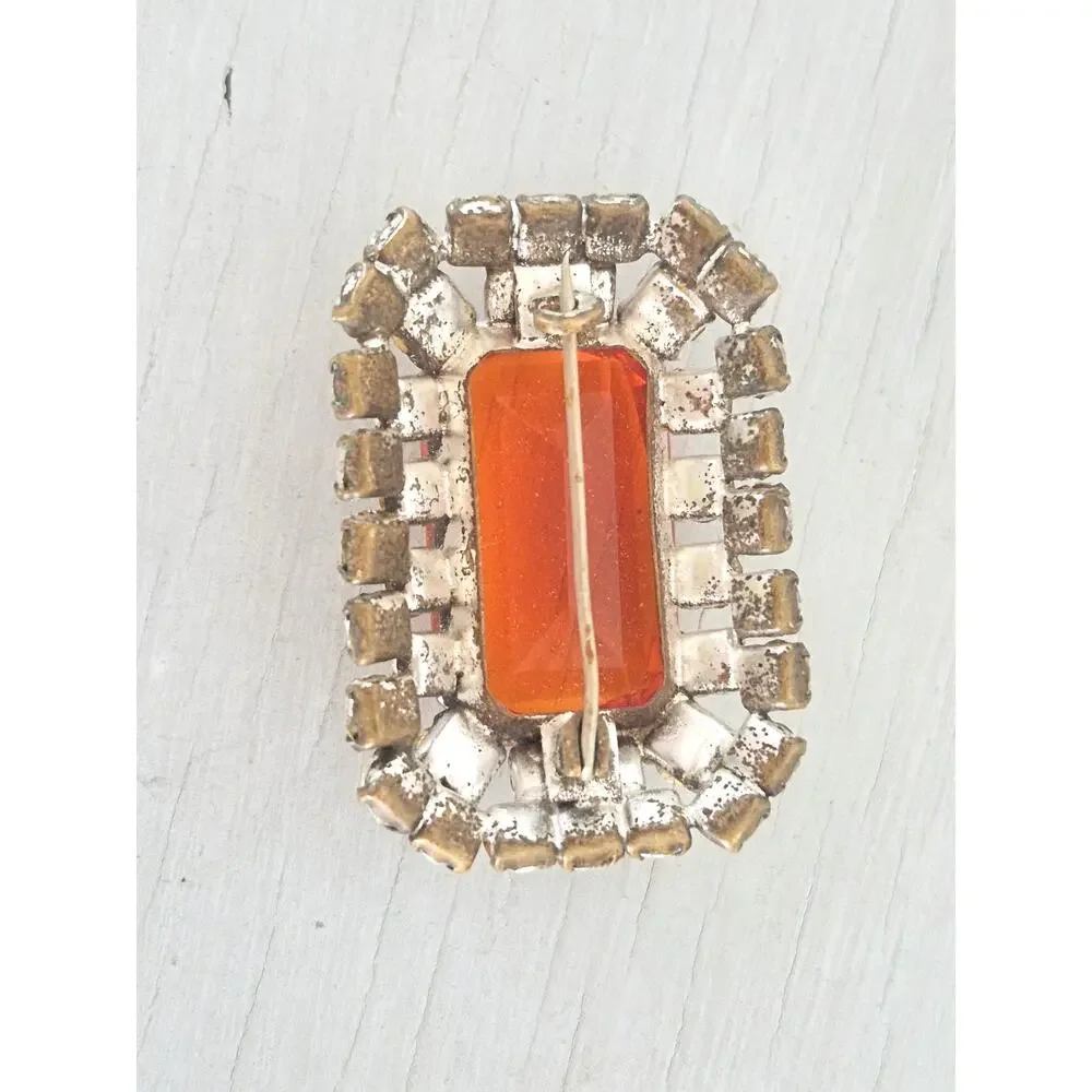 Vintage Orange and Clear Rectangle Statement Brooch